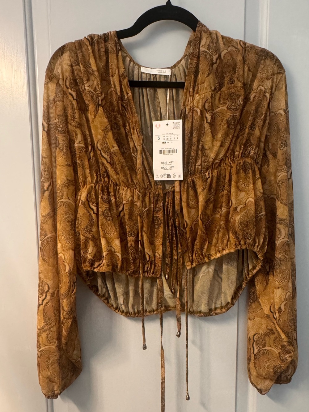 Zara Paisley Drawstring Cropped Top - Brown